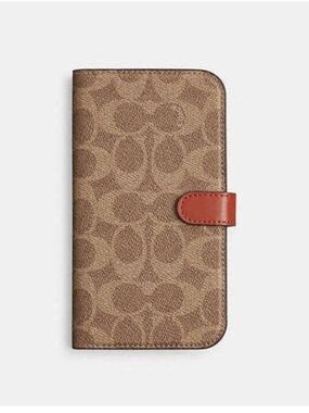 Coach Brown Tan Leather Logo Patterned Folio Case with Card Pocket iPhone 15